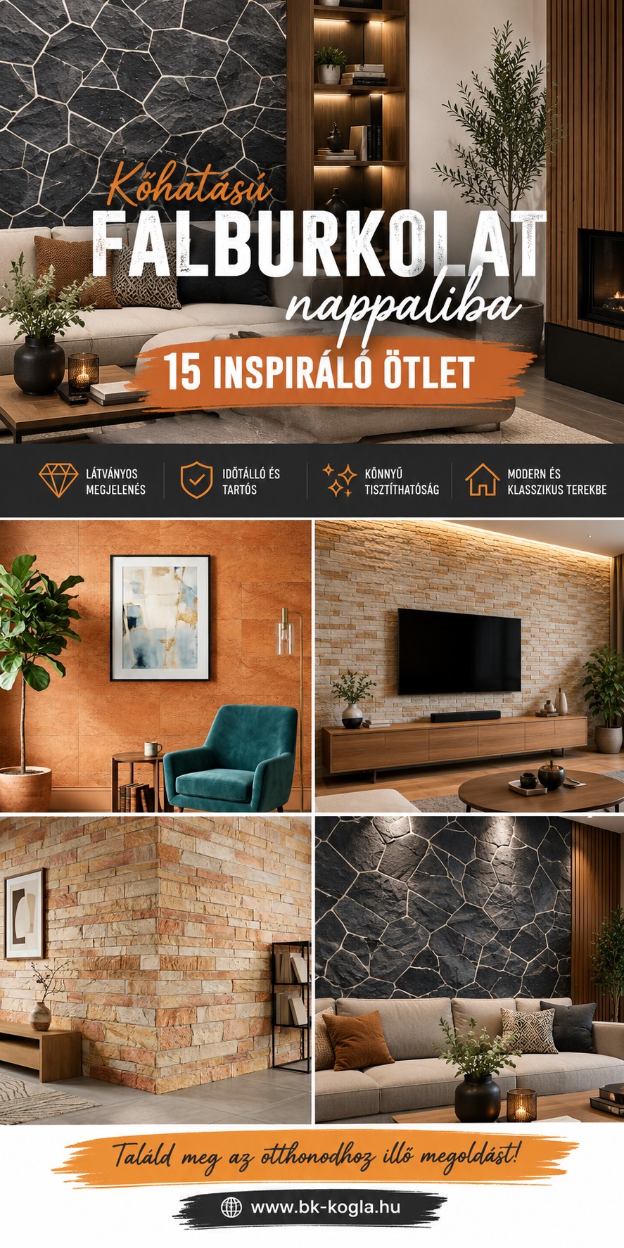 Kőhatású falburkolat nappaliba – 15 inspiráló ötlet